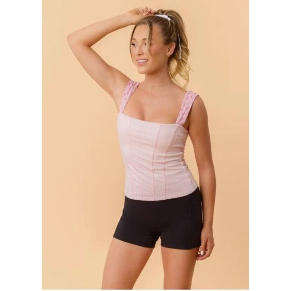 Blogilates Women’s Tiny Bows Corset Tank Top Pink Gingham XS NWT